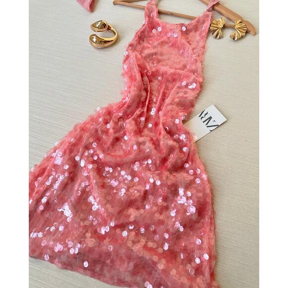 ZARA Pink Sequin Open Back Halter Mini Dress NWT | Blogger Favorite - Picture 15 of 16